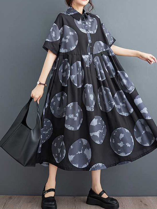 Polka-Dot Loose Short Sleeves Lapel Collar Midi Dresses