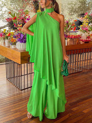 Simple High-Low Wide Leg Asymmetric High-Neck Two Pieces Set