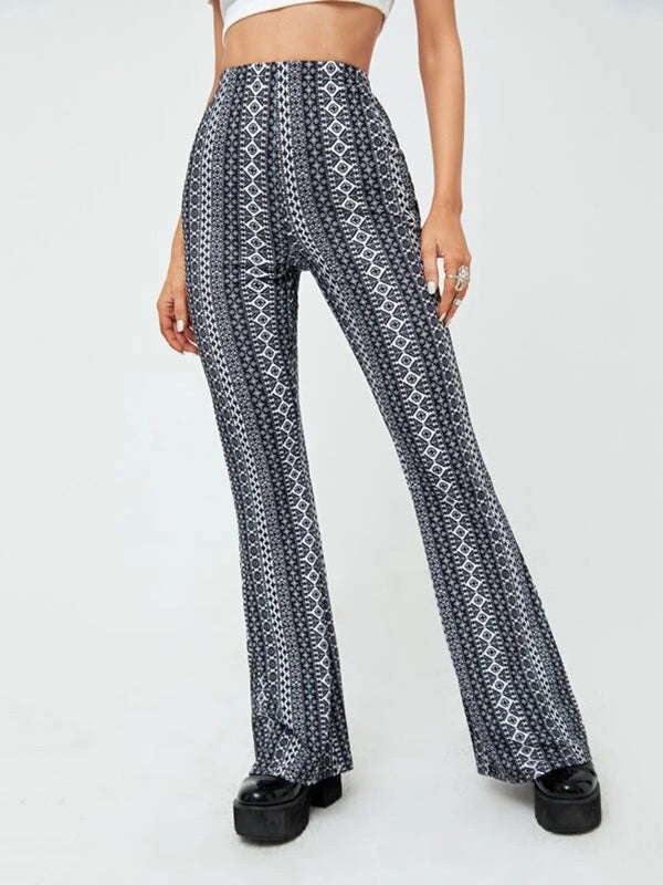 Elasticity Printed Split-Joint High Waisted Skinny Pants Flared Trousers