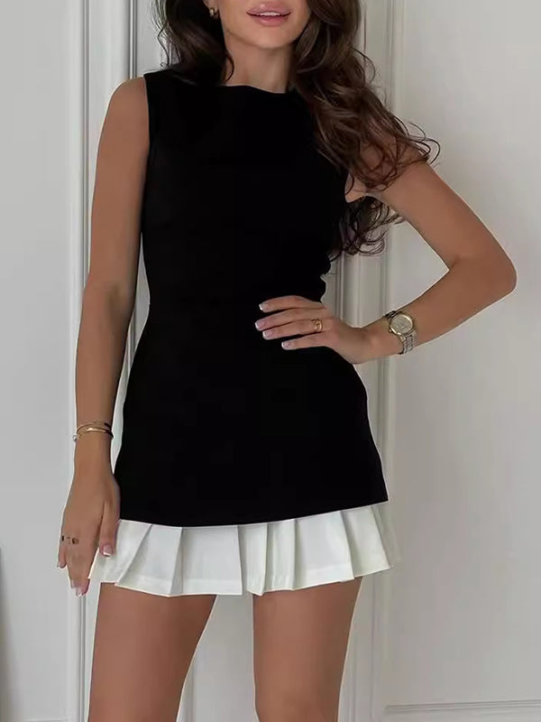 Pleated Solid Color Split-Joint Tiered Sleeveless Round-neck Mini Dresses
