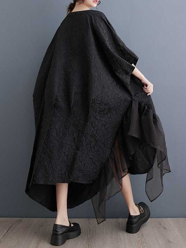 Asymmetric Flower Shape Gauze Jacquard Pleated Solid Color Split-Joint Batwing Sleeves Loose Round-Neck Midi Dresses
