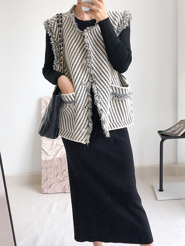 Buttoned Fringed Pockets Striped Loose Sleeveless V-Neck Vest Outerwear