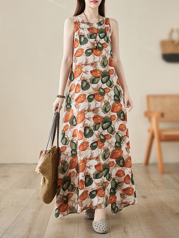 Printed Loose Sleeveless Round-Neck Midi Dresses