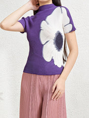 Flower Print Pleated Short Sleeves Mock Neck T-Shirts Tops