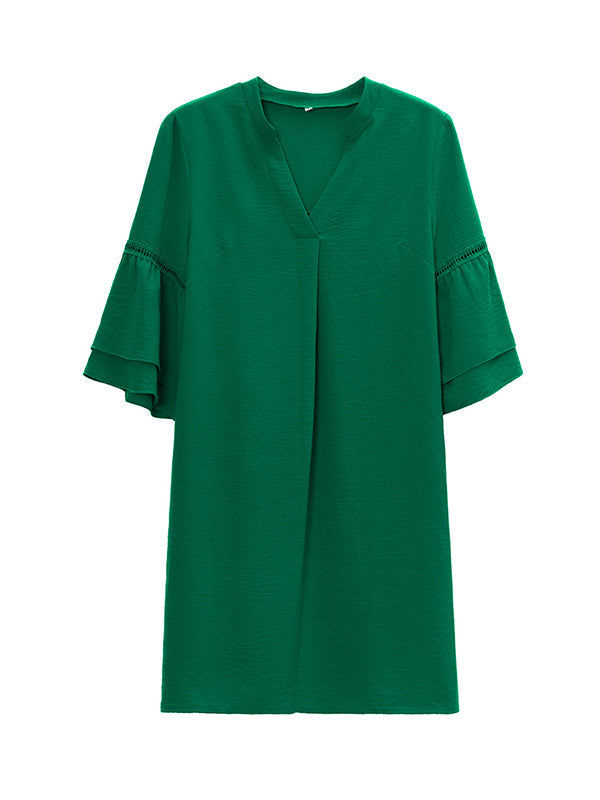 Falbala Solid Color Loose Short Sleeves V-Neck Mini Dresses