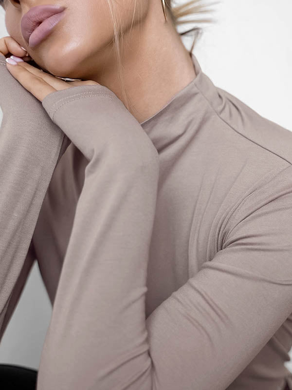 Solid Color Split-Joint Long Sleeves Skinny High Neck T-Shirts Tops