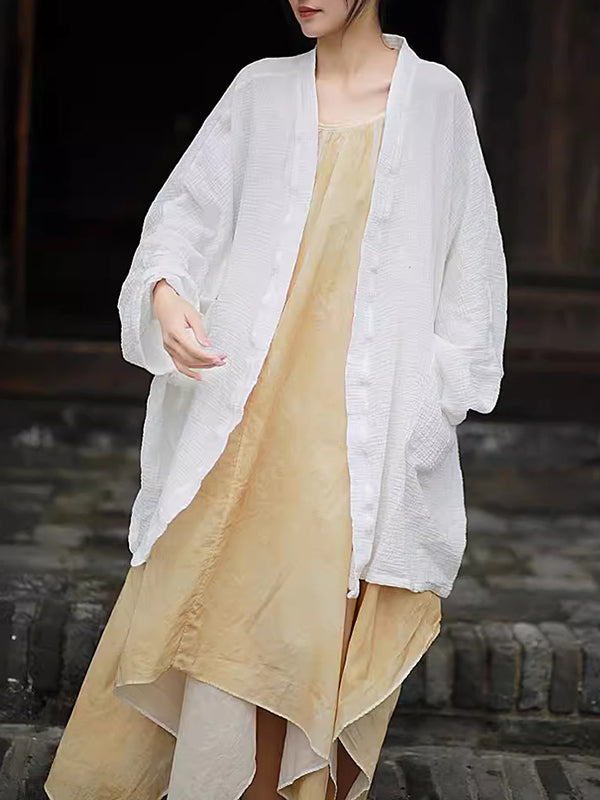 Pleated Solid Color Split-Joint Batwing Sleeves Loose Cover-Ups Tops
