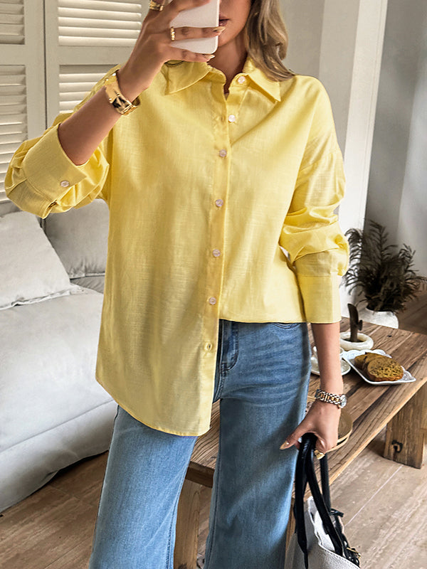 Buttoned Solid Color Long Sleeves Loose Lapel Blouses&shirts Tops
