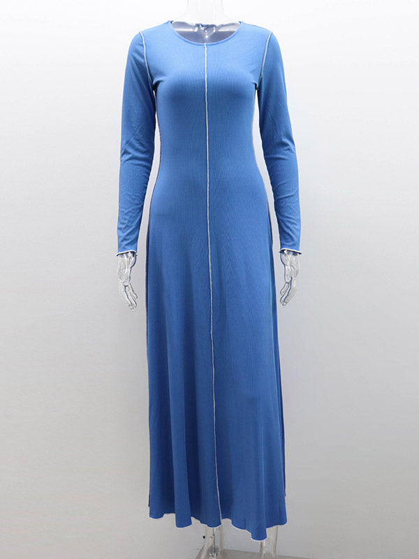 Solid Color Striped A-Line Long Sleeves Round-Neck Maxi Dresses