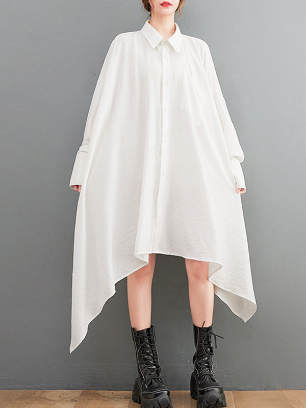 Asymmetric Buttoned Pockets Solid Color A-Line High-Low Lapel Shirt Dress Midi Dresses
