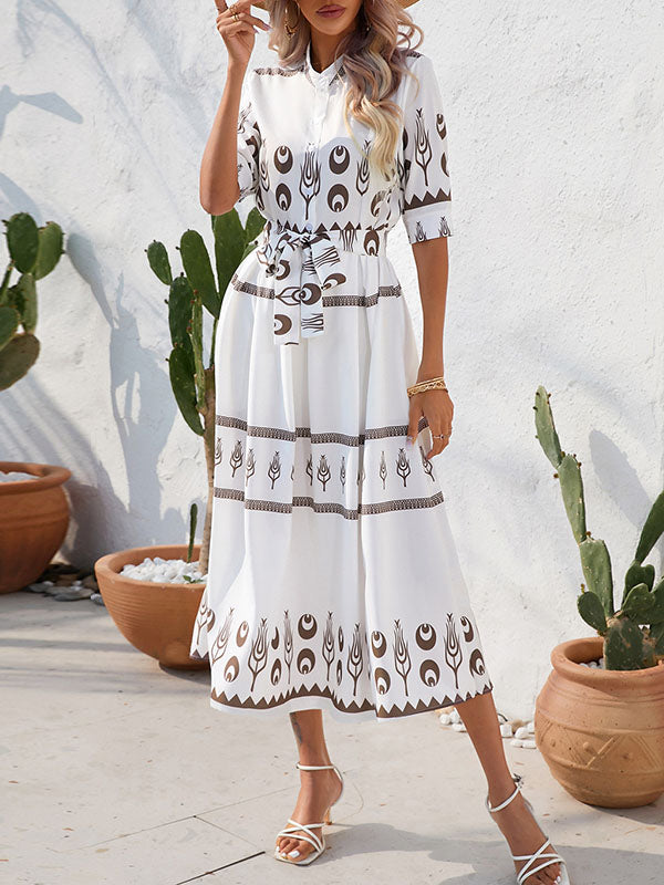 Buttoned Tied Waist A-Line Half Sleeves Lapel Midi Dresses