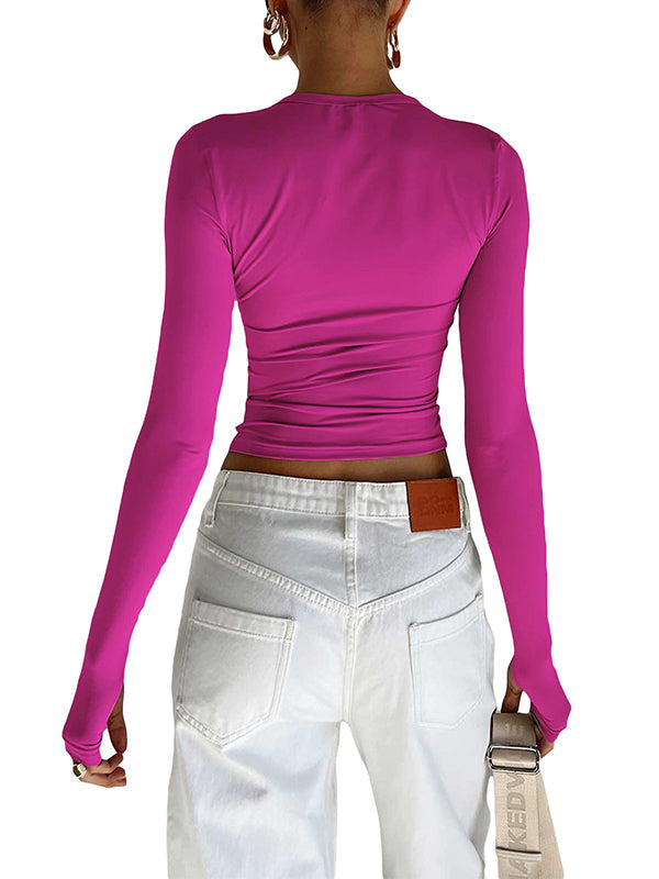 Hollow Solid Color Long Sleeves Skinny Round-Neck T-Shirts Tops