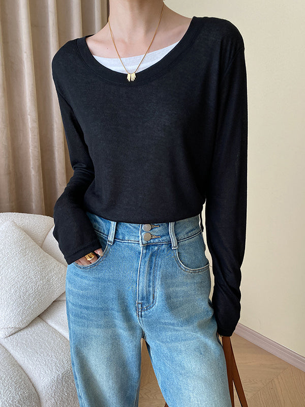 Asymmetric Contrast Color Split-Joint Fake Two-Piece Long Sleeves Round-Neck T-Shirts