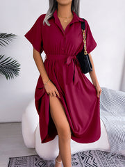 Solid Color Split-Joint Tied Waist Loose Short Sleeves Lapel Shirt Dress Midi Dresses