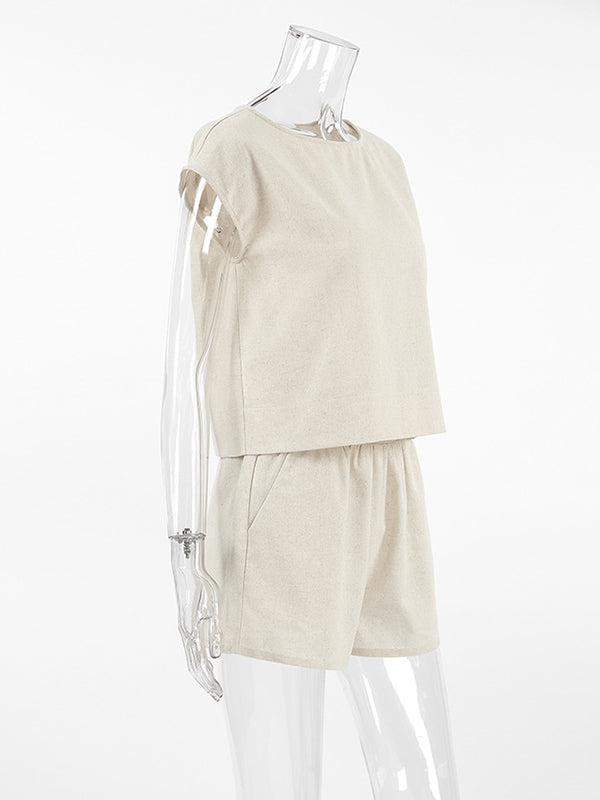 Round-Neck Loose Sleeveless Solid Color Split-Joint Vest Top + Elasticity Shorts Bottom Two Pieces Set