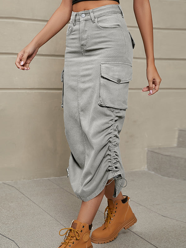 Buttoned Drawstring Pockets Solid Color Split-Side A-Line Skirts Bottoms