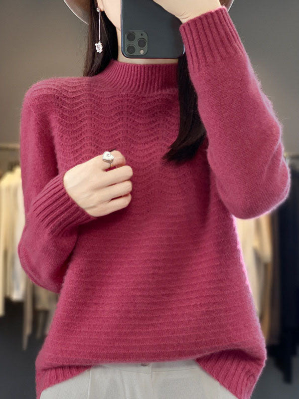 Solid Color Long Sleeves Loose Mock Neck Sweater Tops Pullovers