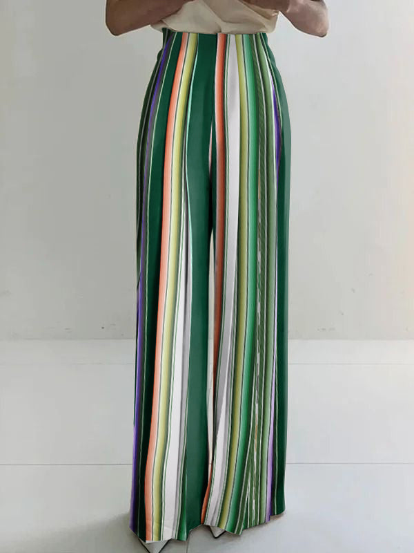Contrast Color Split-Joint Striped High Waisted Wide Leg Trousers Pants