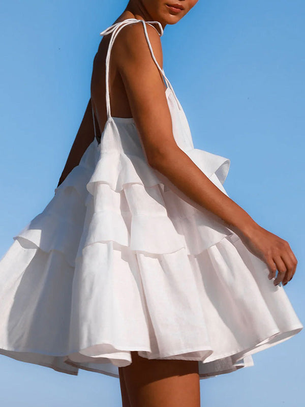 Backless Layered Pleated Solid Color A-Line High Waisted Spaghetti-Neck Mini Dresses