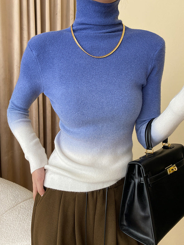 Gradient Long Sleeves Skinny High-Neck Sweater Tops Pullovers