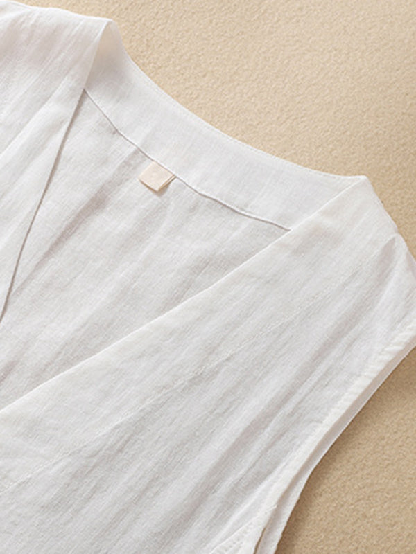 Buttoned Solid Color Loose Sleeveless V-neck Vest Top