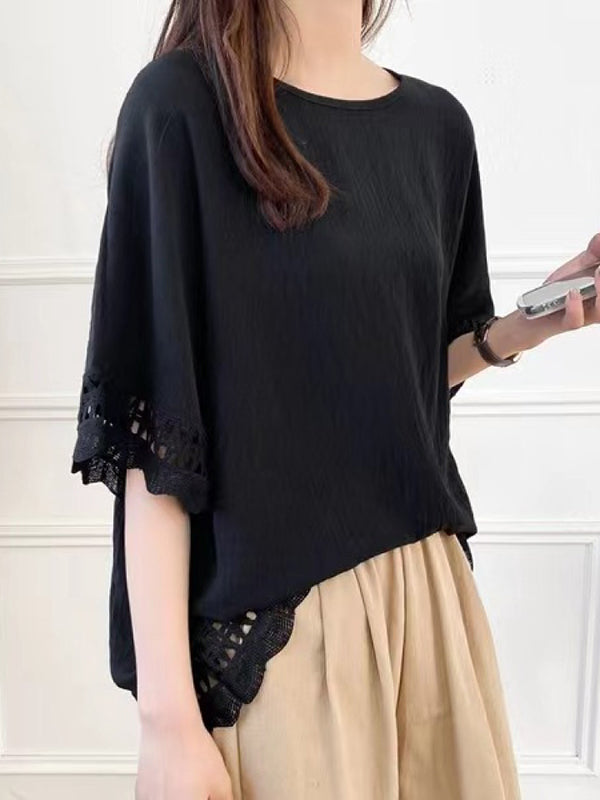 Hollow Solid Color Flared Sleeves Half Sleeves Round-Neck T-Shirts Tops