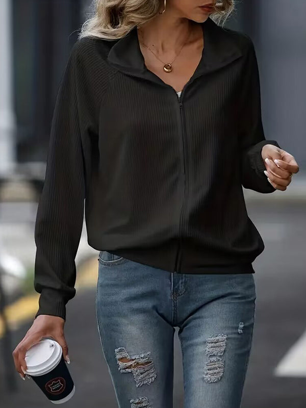 Solid Color Zipper Long Sleeves Loose Lapel Outerwear