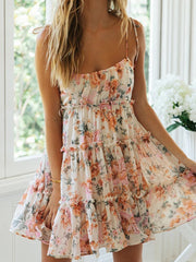 Flower Print Layered Pleated Split-Joint Tied A-Line Loose Spaghetti-Neck Mini Dresses
