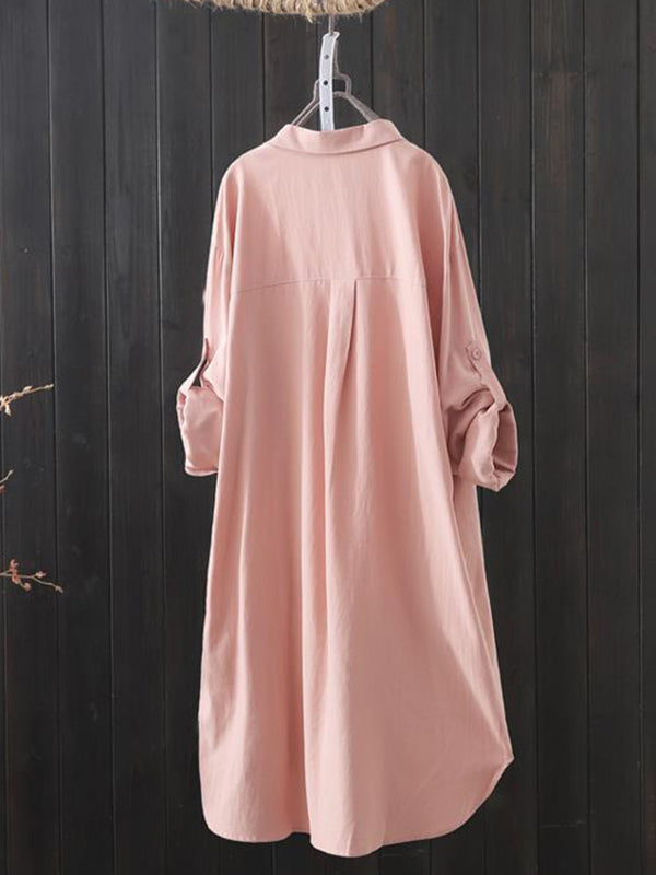 Solid Color High-low Long Sleeves Lapel Shirts Tops
