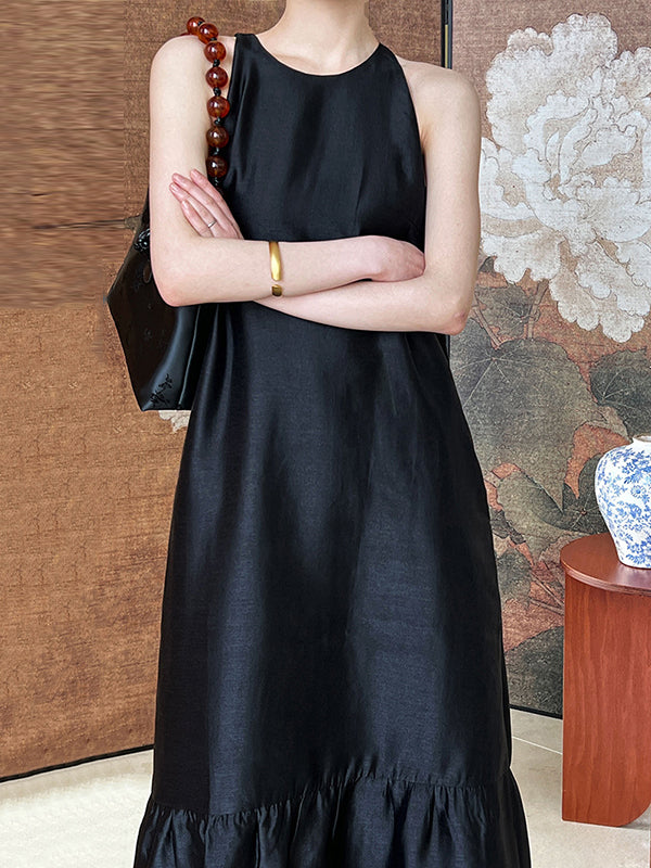 Pleated Solid Color Split-Joint Loose Sleeveless Round-Neck Maxi Dresses