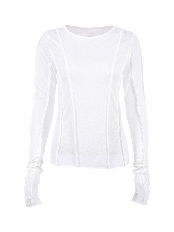 Pleated Solid Color Long Sleeves Skinny Round-Neck T-Shirts