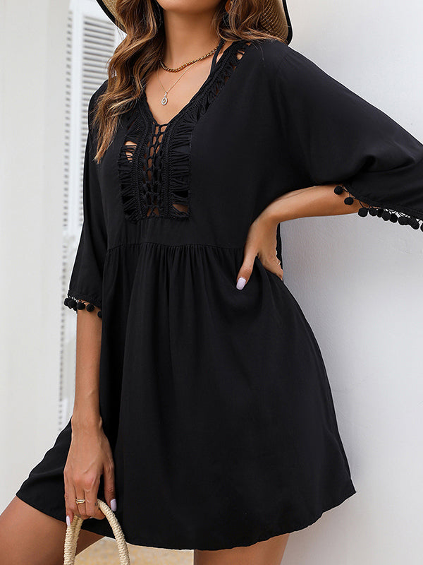 Hollow Solid Color Tasseled Half Sleeves Loose V-Neck Mini Dresses Cover-Up