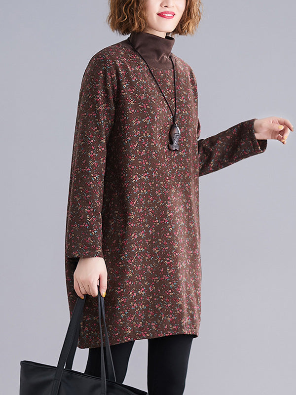 Vintage Loose Long Sleeves Floral Printed High-Neck Mini Dresses