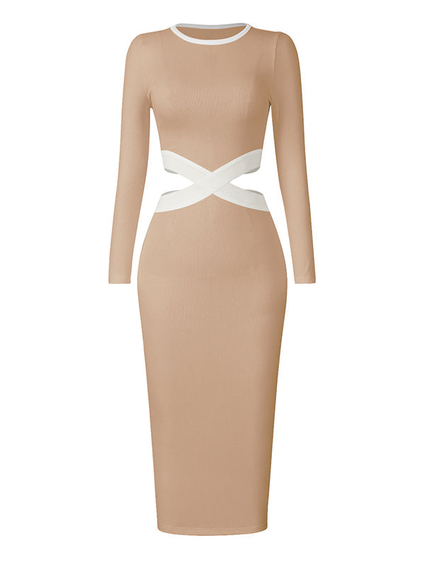 Hollow High Waisted Long Sleeves Round-Neck Midi Dresses