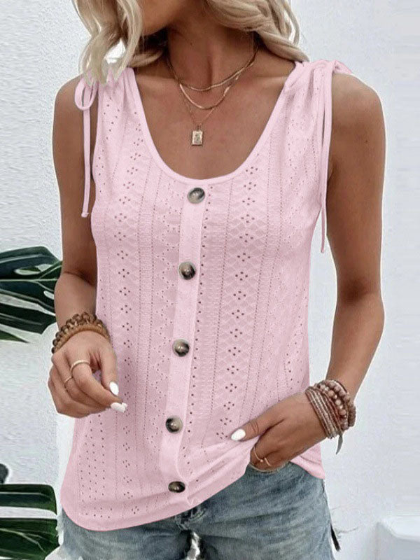 Buttoned Hollow Pleated Split-Joint Tied Loose Plus Size U-neck Vest Top