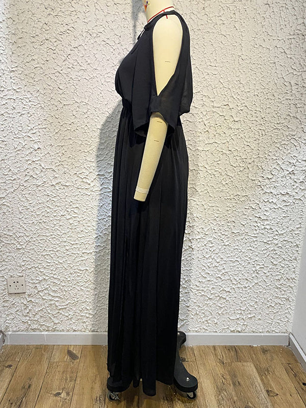 Solid Color Split-front Batwing Sleeves Loose Deep V-Neck Maxi Dresses