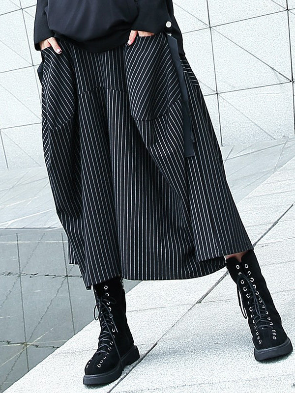Elasticity Pockets Striped High Waisted Loose Pants Culotte