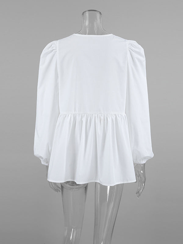 Elasticity Solid Color Split-Joint Tied Long Sleeves Loose Round-Neck Blouses&Shirts Tops