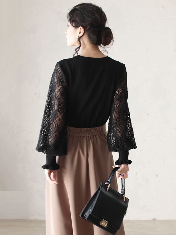 Original Loose Hollow Lace Round-Neck Long Puff Sleeves Sweater Pullovers