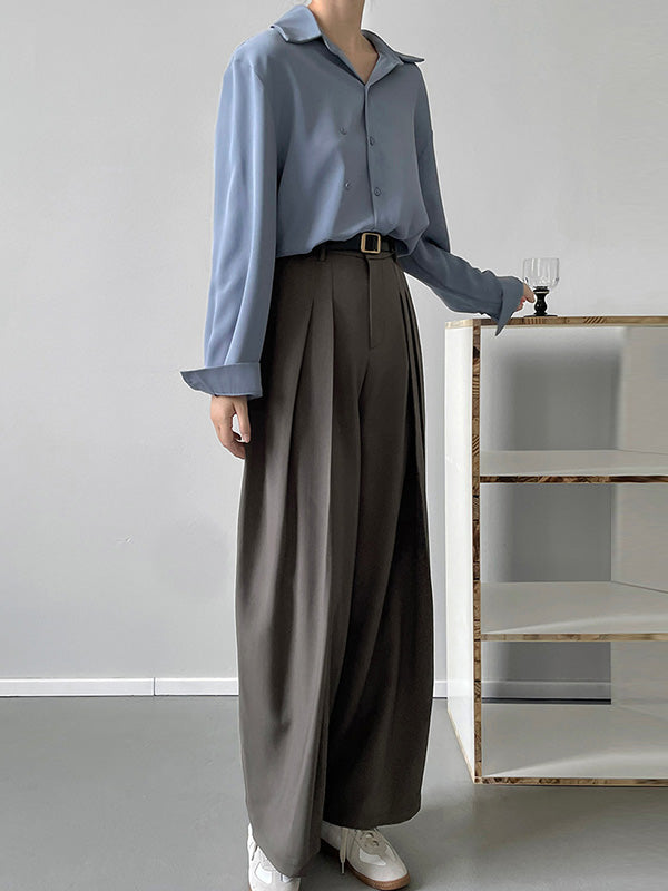Casual Loose Wide Leg Pleated Solid Color Pants