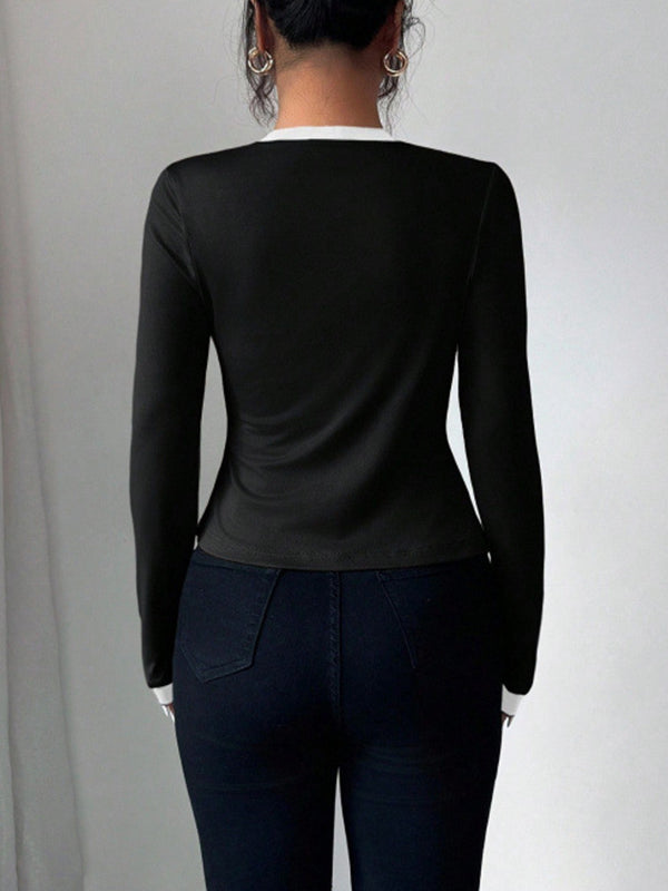Solid Color Split-Joint Long Sleeves Collarless Two Pieces Set