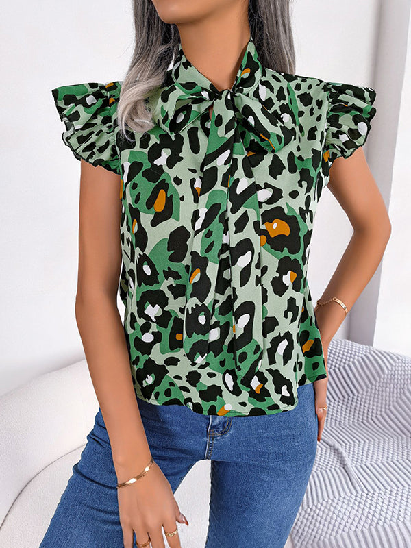 Leopard Cap Sleeve Loose Statement Collar Vest Top