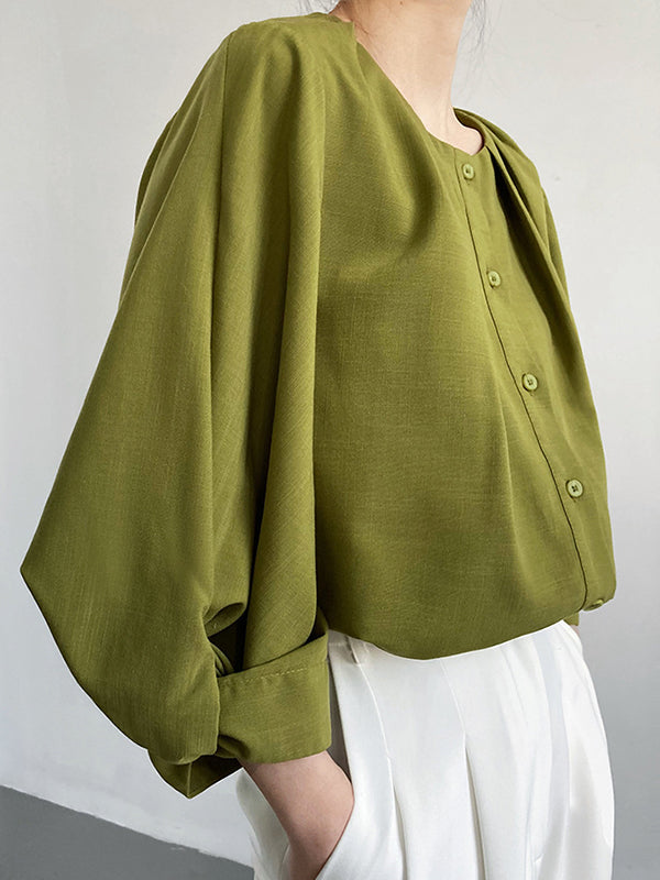 Pleated See-Through Solid Color Split-Joint High-Low Loose Round-Neck Blouses