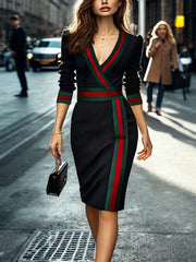 Striped Long Sleeves Deep V-Neck Mini Dresses