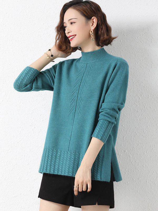 Loose Split-Side Solid Color Half Turtleneck Sweater Tops