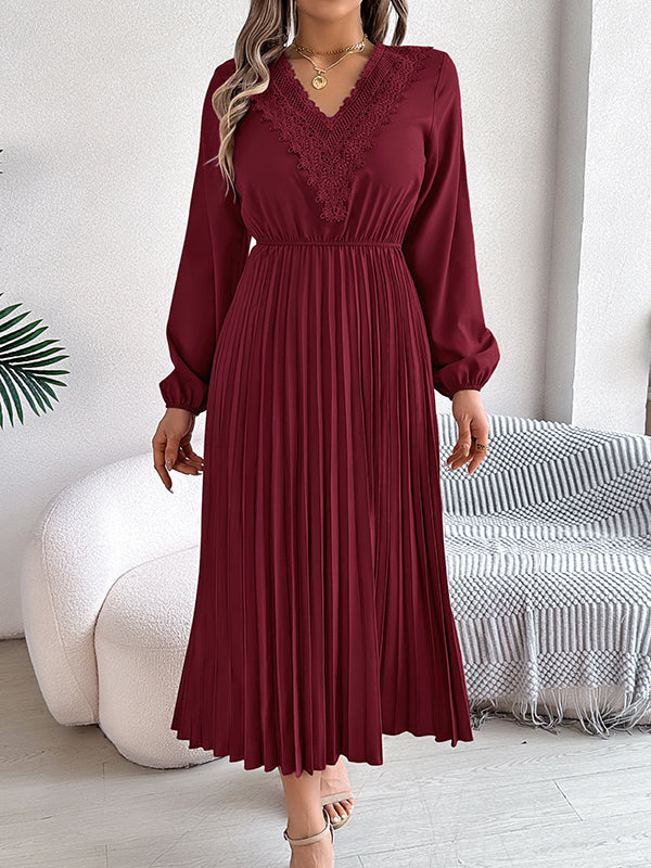 Pleated Solid Color Elasticated Waist High Waisted V-neck Midi Dresses