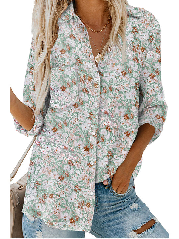 Buttoned Flower Print Pockets High-Low Long Sleeves Lapel Blouses&Shirts Tops