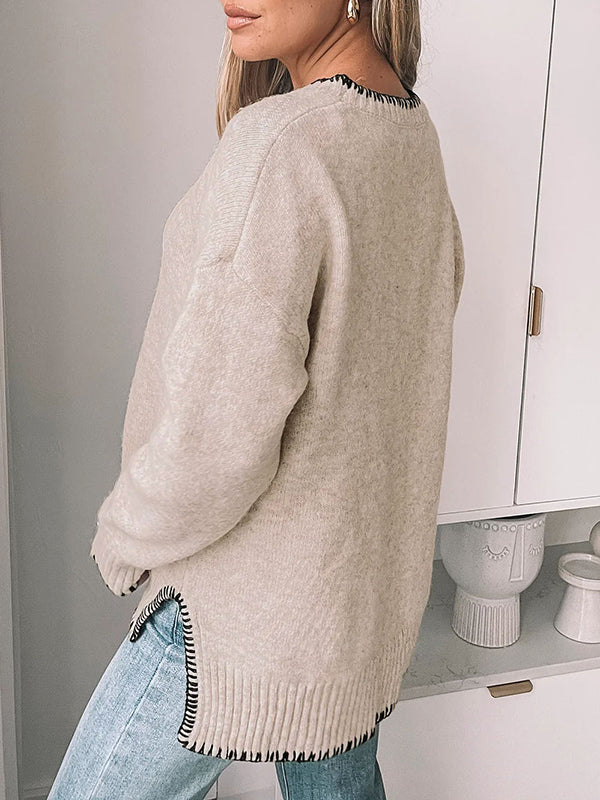 Split-Joint Split-Side High-Low Long Sleeves Round-Neck Sweater Tops Pullovers