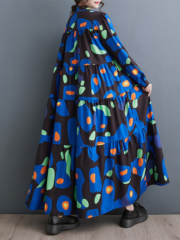 Pleated Printed Split-Joint Long Sleeves Loose Stand Collar Midi Dresses