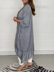 Mesh Pockets Solid Color Split-Joint Long Sleeves Loose V-Neck Outerwear